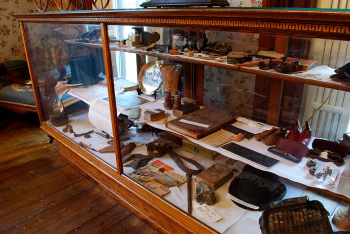 Antique items in display case